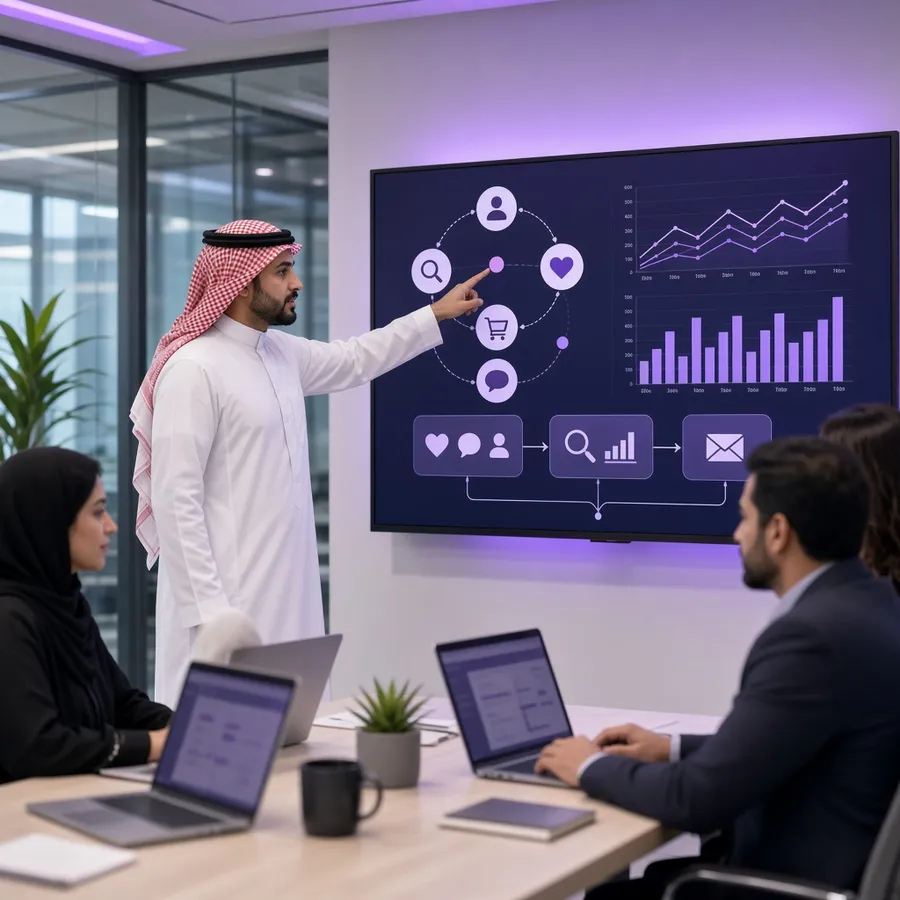 فريق تسويق رقمي يعرض استراتيجية القنوات والنتائج